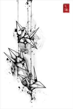Nanami Cowdroy's eurasian art style is apparent in this black and white illustration of origami cranes