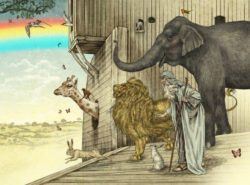 Noah stands on his ark with his animals and watches teh floods clear in this Bible story illustrations by Julian de Narvaez