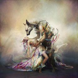 Ryohei Hase brings Beauty and the Beast to life in this sensual surrealist painting of a woman and man animal hybrid