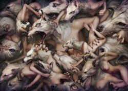 Ryohei Hase creates a fascinating and disturbing surrealist scene in this painting of humans and wolves fighting