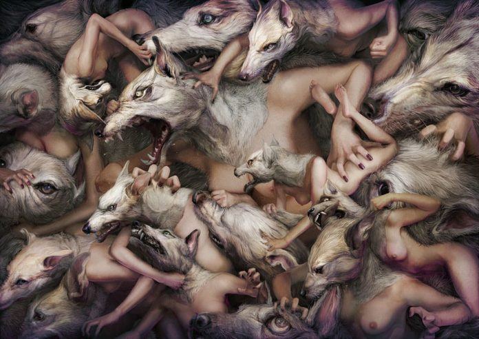 Ryohei Hase creates a fascinating and disturbing surrealist scene in this painting of humans and wolves fighting