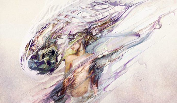 Ryohei Hase creates a sensual horror story in this surrealist painting of a woman surrounded by the breath of death