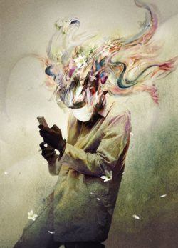 Ryohei Hase paints a man in a medical mask surrounded by emotive colors and abstract shapes