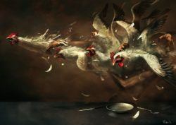 Ryohei Hase shows his skill with dark surrealism in this obscure painting of a person wrestling with chickens at the dinner table