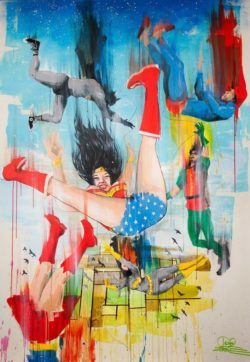 Superheroes fall from the sky in this colorful watercolor painting by Lora Zombie