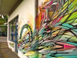 Tribal designs, abstract shapes and a portrait of a beautiful woman make up this street art mural by Hopare