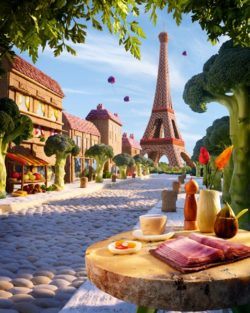 Not only is the food on the table edible, the table is edible too. This foodscape of Paris is by Carl Warner.