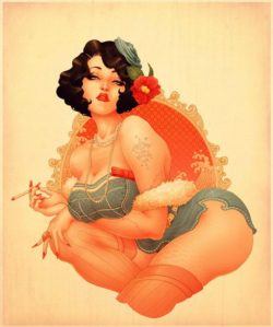 A boobalicious vintage babe poses seductively in this art nouveau pin up illustration by Oneq Nao