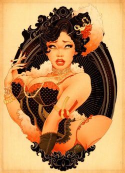 A buxom pin-up girl poses in a corset and pearls in this art nouvea pop art illustration by Oneq Nao