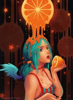 A girl with blue hair is covered in orange juice in this colorful painting of summer by Qing Han