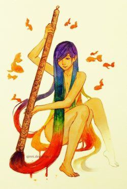 A girl with rainbow color hair paints herself into being in this watercolor painting by Qinni