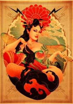 A goddess with dragonfly wings smokes a pipe in this art nouveau pin-up girl illustration by Oneq Nao