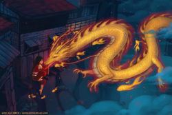 A golden dragon and flying goldfish greet the girl that painted them into being in this art work by Qinni