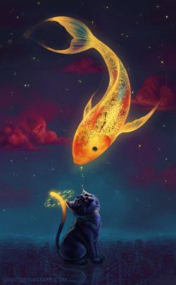 A night time cat greets the great golden sky fish in this fantasy cartoon painting by Qinni
