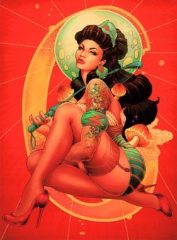A tattooed diva poses with a riding crop in this American Japanese pin-up girl illustration by Oneq Nao