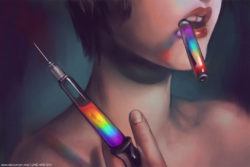 Canadian artist Qing Han creates this controversial painting called Art is my Drug, showing a girl with a syringe filled with rainbow colors