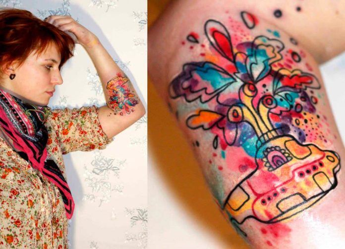 Petra Hlaváčková gives the Beatles Yellow Submarine an abstract makeover in this colorful tattoo