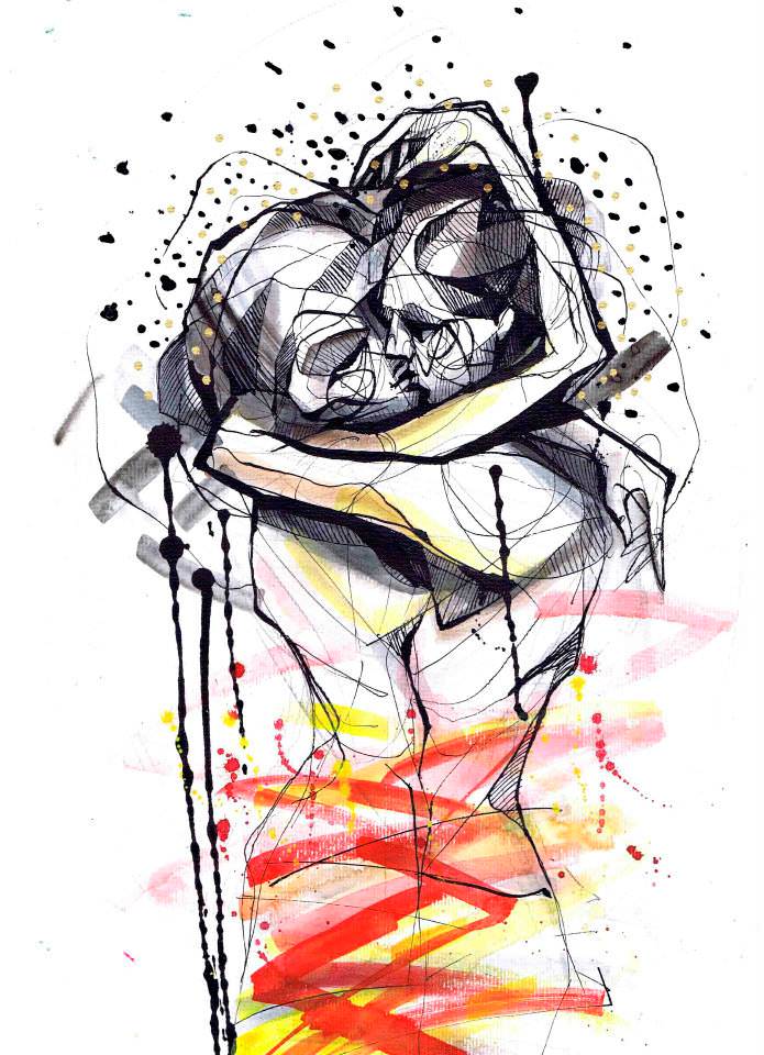 Petra Hlaváčková paints an emotive scene of a couple kissing in black ink and warm watercolors