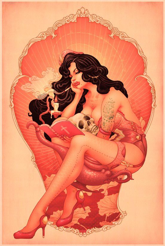 This pink art nouveau illustration by Oneq Nao shows a beautiful brunette reading a bible while cradling a human skull