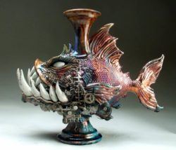 Potter Mitchell Grafton creates a steampunk moster fish as the subject of this jug