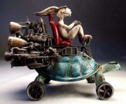 The tortoise and the hare team up to win the race in this funny clay sculpture by Mitchell Grafton