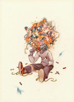 A boy eating crayons draws an imaginative scenario around himself in this surreal illustration by James Jean