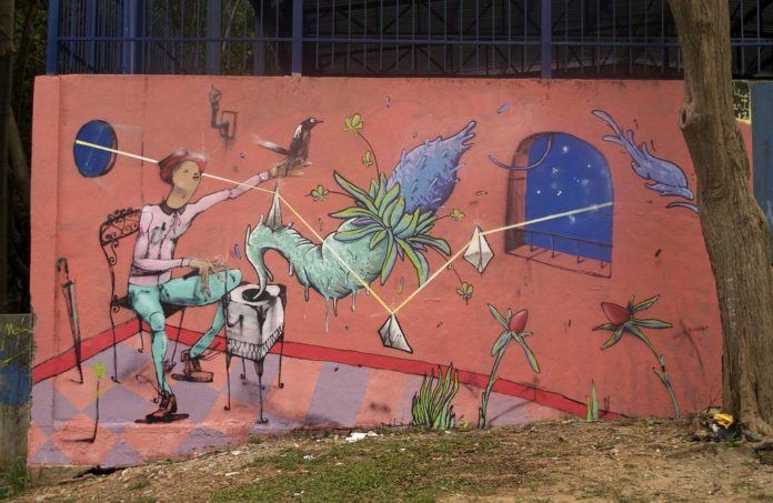 Graffiti artist Mart Aire paints an imaginative world, using his illustration technique to make this scene look like something out of a story book