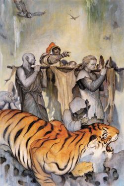 This fantasy painting by James Jean of a tiger accompanying a retinue of rough characters is portrayed in a Japanese style