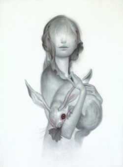 This spooky illustration by James Jean shows a girl with no eyes cradling an albino rabbit