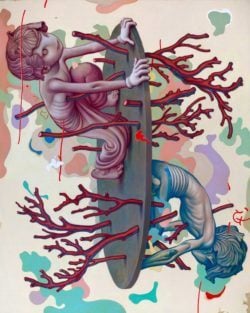 Using a cartoon style, James Jean creates a surrealist scene showing two opposing characters living on either side of a circular disc
