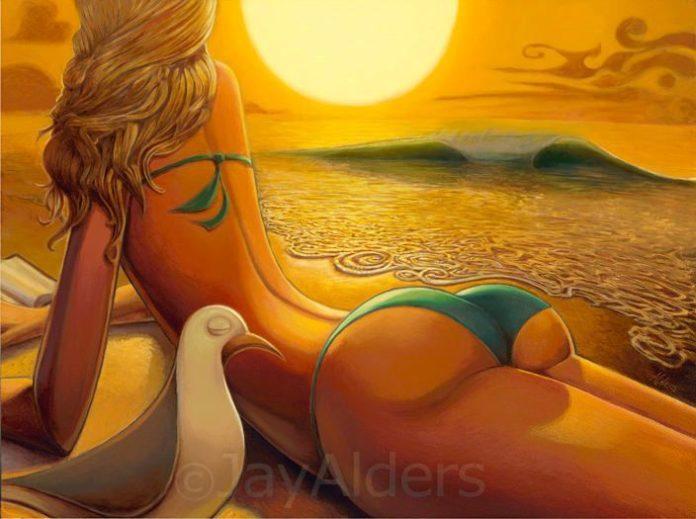 A beautiful girl lounges on the beach, admiring the waves while taking a break from her book in this painting by surfer Jay Alders