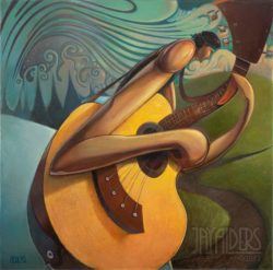 A surfer dude plays guitar beside a psychedelic sea in this painting by Jay Alders