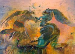 Artist Estela Cuadro explores the nature of love in this figurative painting that hints at an image of two hares holding hands
