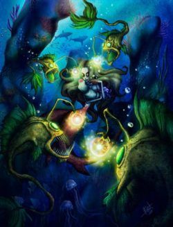 Artist Irureta gives his mermaids a witchy twist by having this mermaid practice dark magic while surrounded by vicious henchmen fish