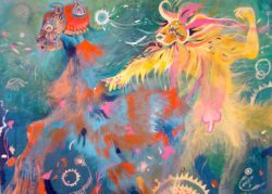 Wild beasts interact in this imaginative painting by Estela Cuadro