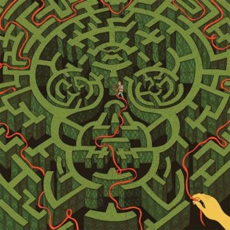 A clever hiker holds onto a guide rope while he navigates a skull shaped maze in this illustration by Jessica Fortner