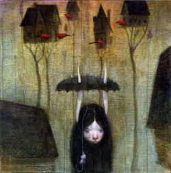 Bill Carman has given his halloween bunny girl character and umbrella to stay dry with while she walks through a bizarre horror neighbourhood