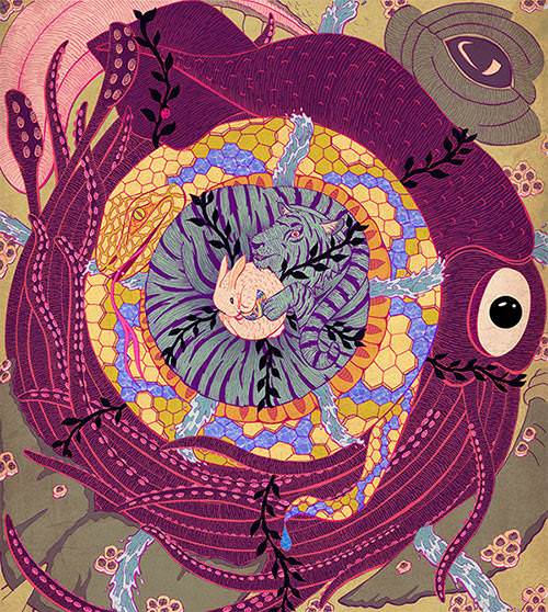 Different types of animals wrap themselves around each in this peaceful and harmonic illustration by Jessica Fortner