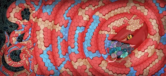 Illustrator Jessica Fortner creates an hypnotic image of a spiral snake with a mouthful of flowers