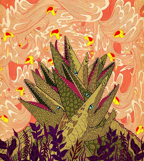 Jessica Fortner creates a mesmerizing scene of beauty and violence in this illustration of crocodiles