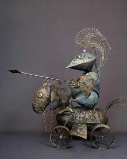 Russian artist Andrey Drozdov creates a funny sculpture of a silly knight on a child's play horse