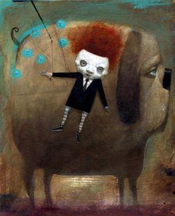 Spooky little horror child harpoons his pet dog - illustration by Bill Carman