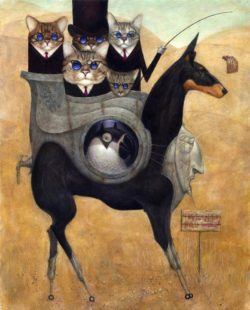 Stern mobster cats ride their horse dog in this funny but slightly disturbing painting by illustrator Bill Carman