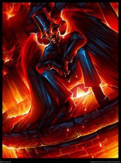 A skeletal winged magician looks out over an inferno in this richly saturated Photoshop painting by Dan Kitchener