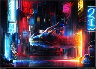A smoker offers a cigarette to a friendly dragon in this fantasy Photoshop painting by Dan Kitchener