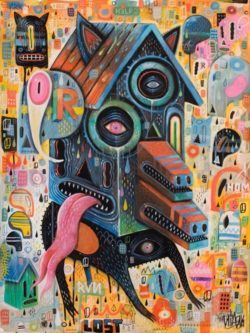 Artist Niark1 is in the doghouse in this colorful and mad painting