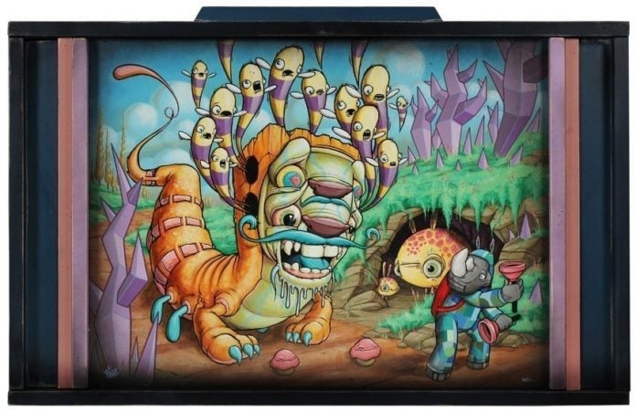 Donald Ross's graffiti influence can be seen in this cartoon painting of an alien monster and a psychedelic rhino astronaut