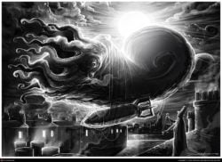 Not quite the Flying Spaghetti Monster, but Dan Kitchener's comic book style illustration of a flying bomber octopus is close enough