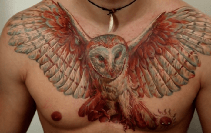 This is the finished tattoo of a flying owl by Dimitry Samohin. The feathers in the tattoo are especially beautifully inked.