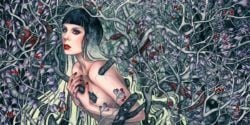 A dark forest filled with snakes and poisonous berries emerges from a woman's flesh in this gothic fantasy painting by Kelly McKernan